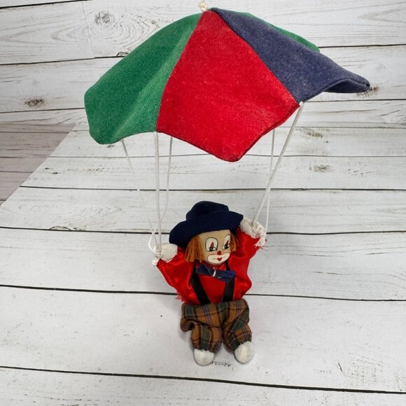 Vintage Small Ceramic & Cloth Clown Toy with Parachute Collectible Hanging Decor - Picture 7 of 9